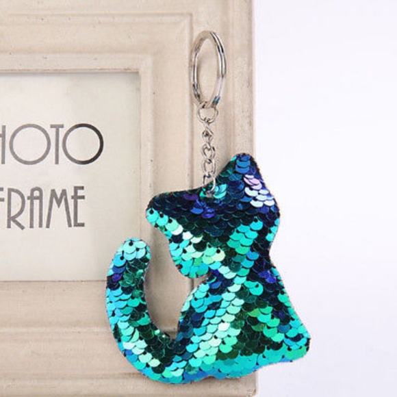 Accessories - Blue Green Sequin Kitty Keychain